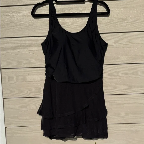 NWT One Piece Tummy Control Modest Swim Dress Rushed Bathing Suit Mesh Skirt - Picture 2 of 7